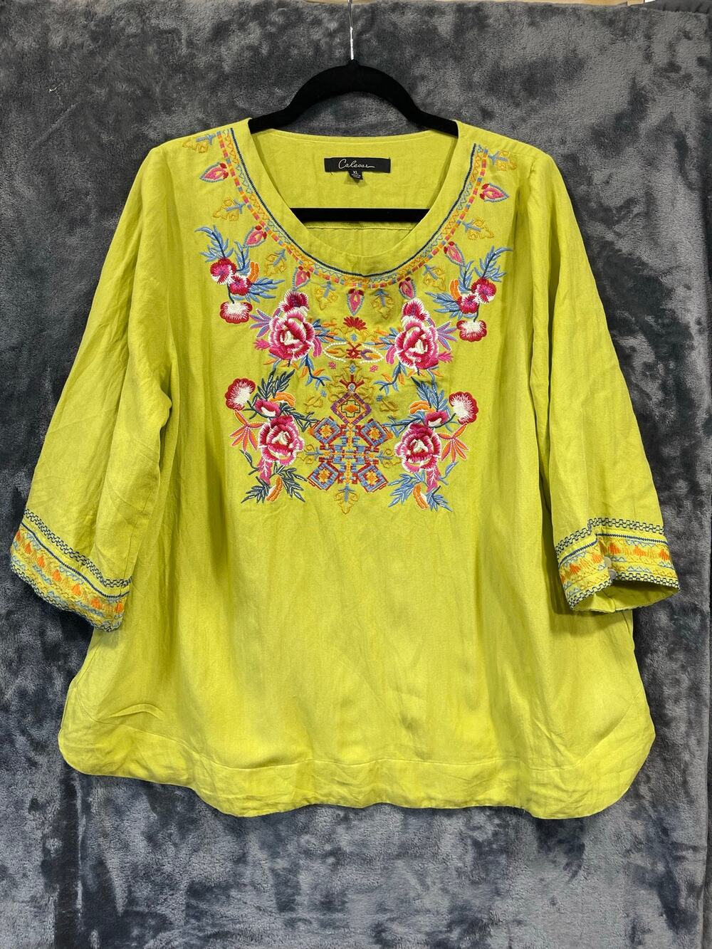 Caleooa Womens XL Lime Green Cotton Floral Embroidered Peasant Tunic Top Boho